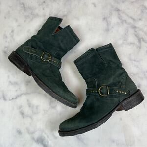 Fiorentini + Baker Dark Green Distressed Nubuck Suede Moto Biker Boots Sz 37/7